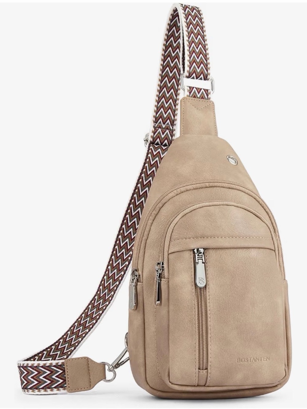 BOSTANTEN Tan Crossbody Sling Bag with Patterned Strap